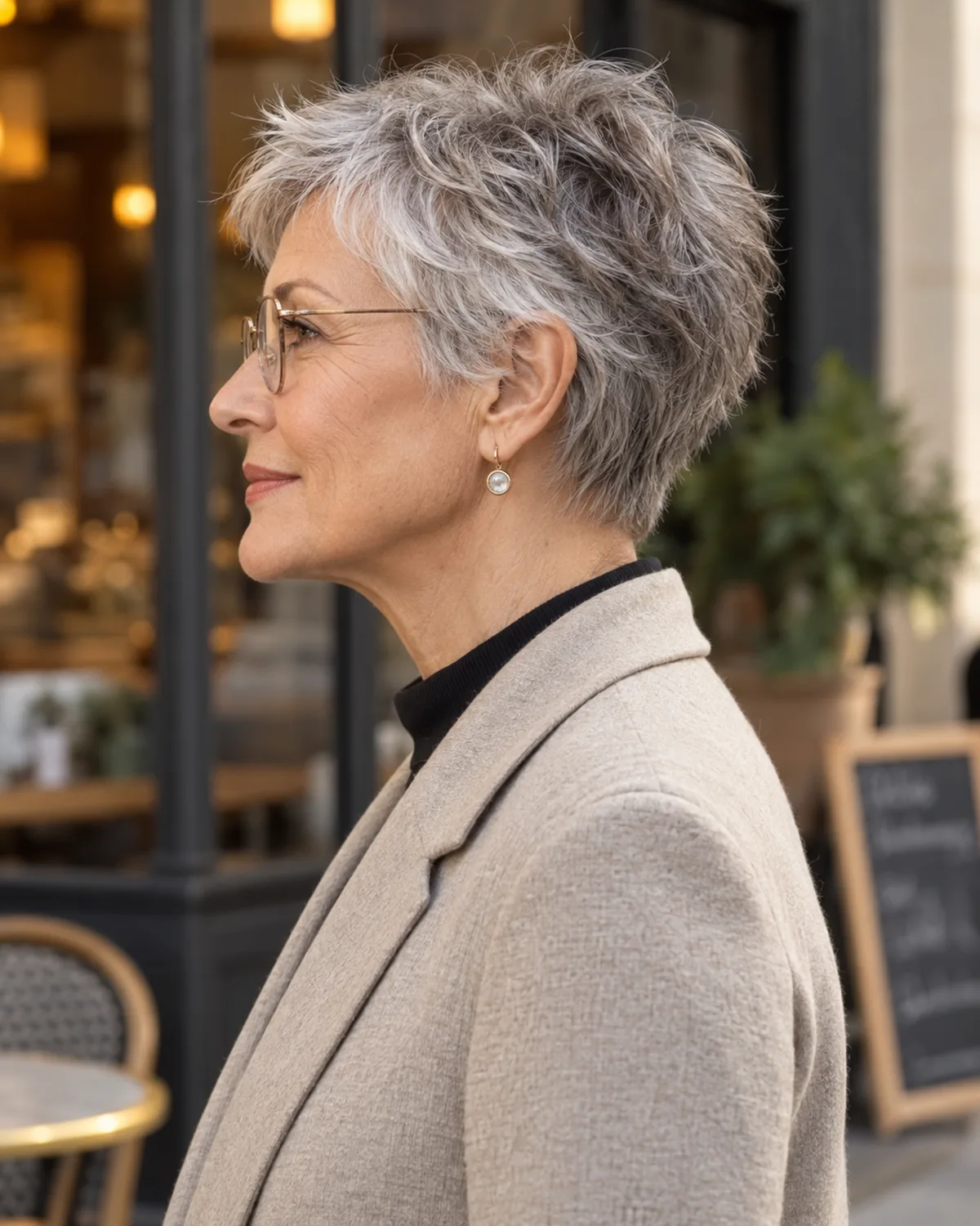 Full profile from the left side of a woman over 60 with a textured pixie cut, point-cut texture visible at the temples creating fullness beside thin wire-framed glasses, blurred warm-toned background