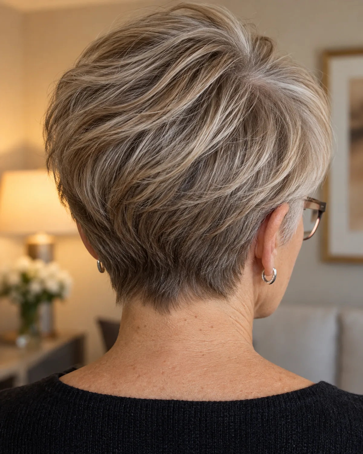 A woman over 60 seen from behind in a nape close-crop, volume pixie with deep side part sweeping across the crown, semi-rimless glasses at the side edge, individual strands visible