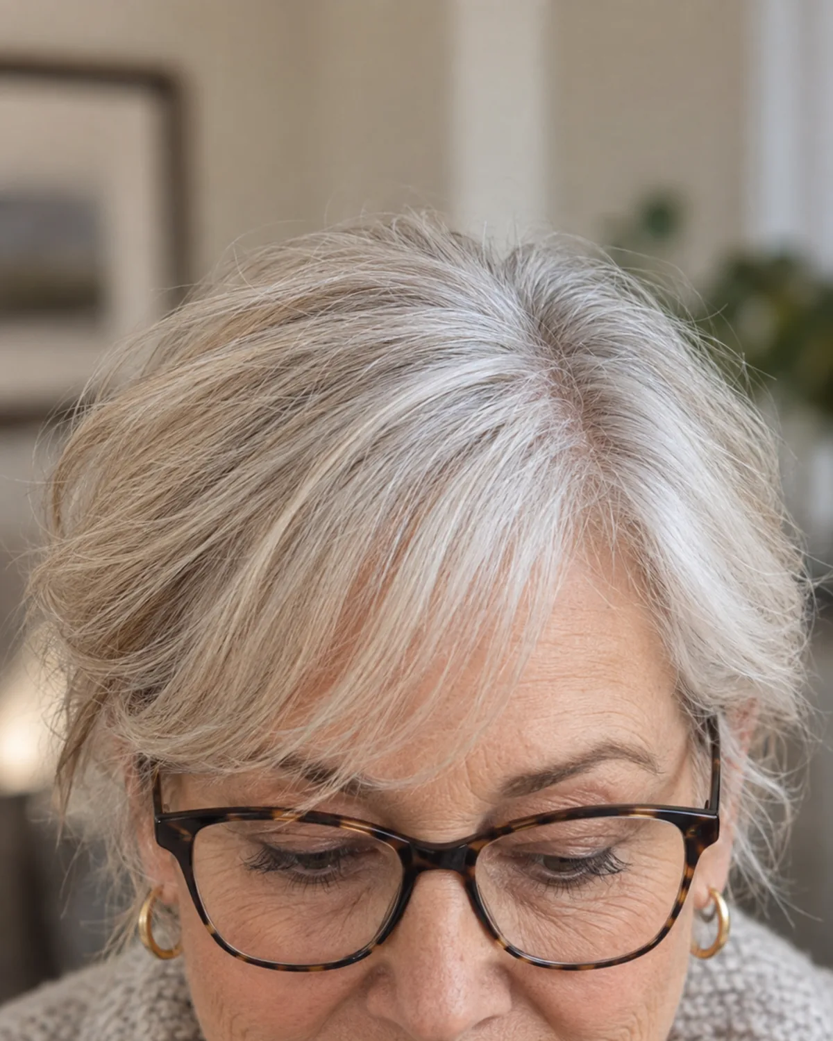 Close crop of a woman over 60 showing a wispy side-parted fringe above the top bar of tortoiseshell progressive glasses, fine silver strands visible, individual hair fibers catching the light