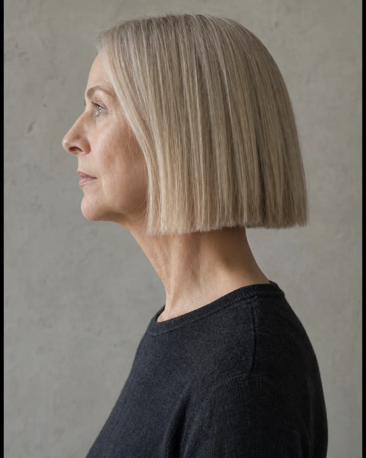 A side profile of a woman with a fine ash-blonde blunt bob cut to one continuous line at chin level, the individual strands visible at the cutting edge against a soft grey wall