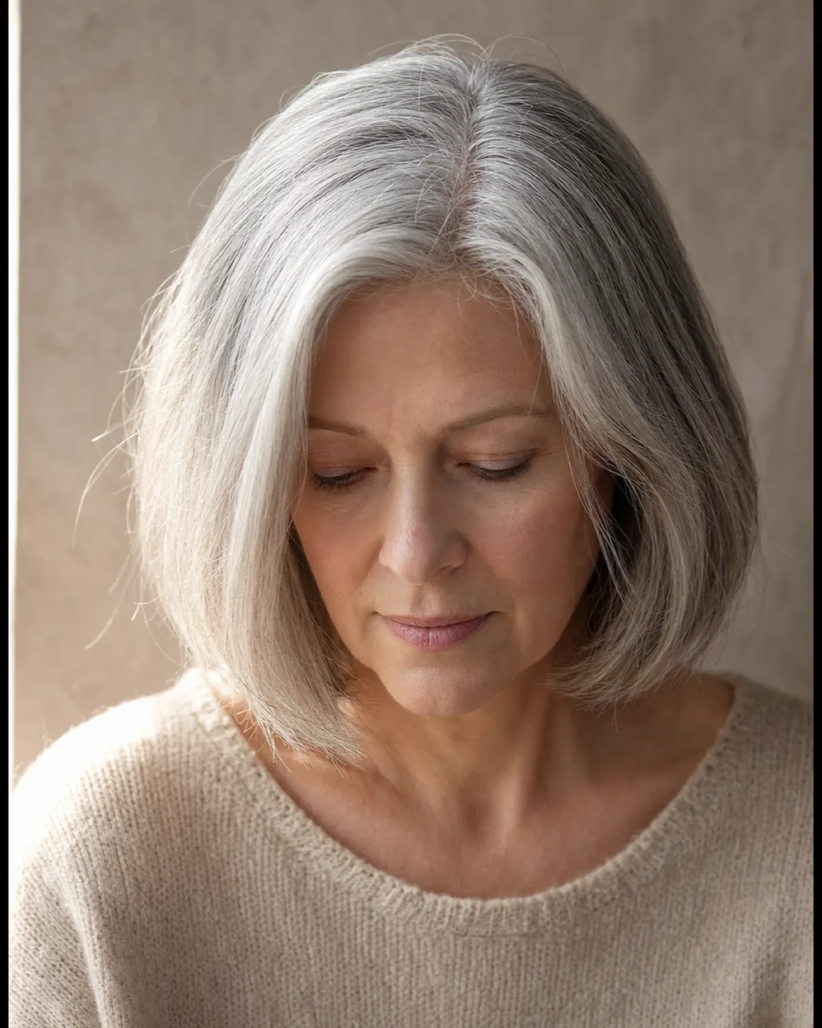 A front-facing woman with fine natural grey hair at chin length looking downward in a contemplative moment, wearing a soft oatmeal knit against a warm taupe wall