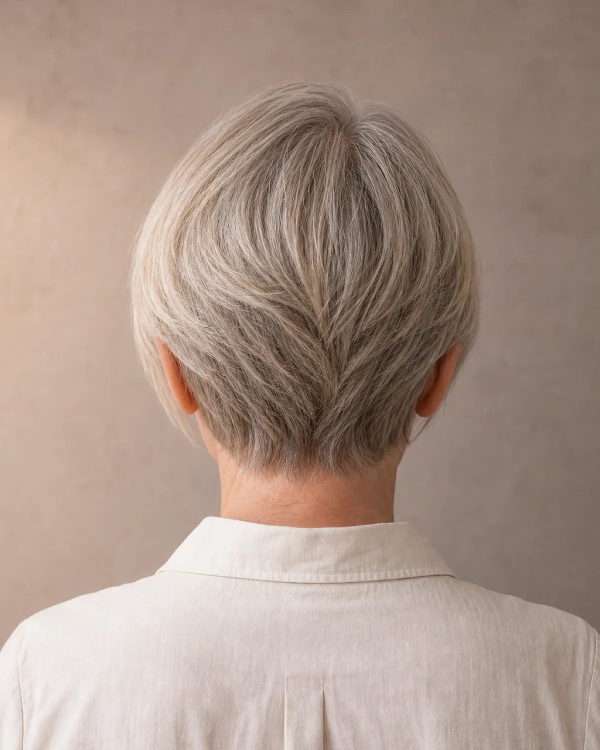 The back of a woman's head showing a soft graduated sandy-silver bob, shorter layers stacking into a gently rounded shape at the back of the head with the nape tapering cleanly