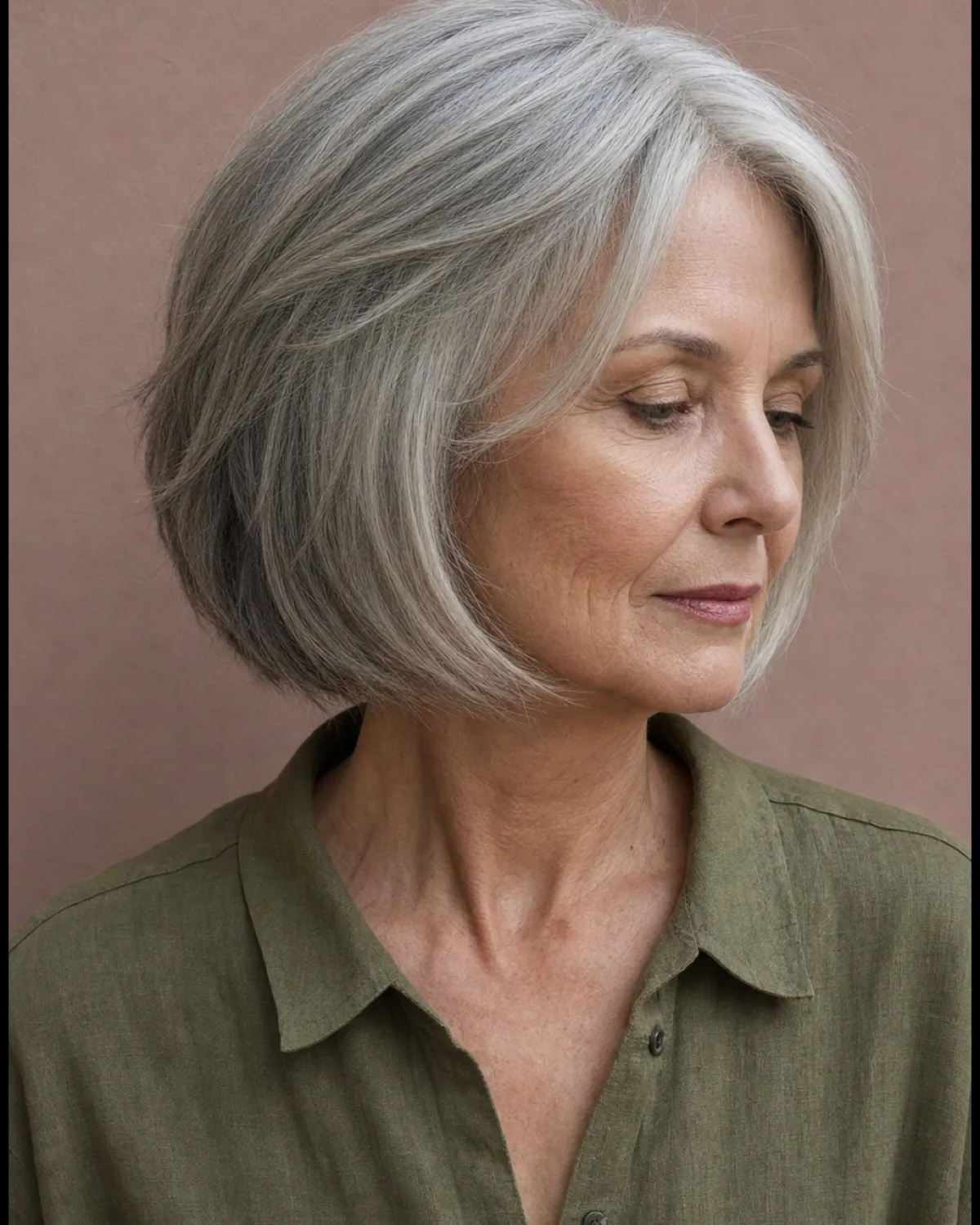 A woman in an olive linen shirt turned three-quarters to the right with a silver-grey layered chin-length bob, shorter interior layers visible sitting above the longer perimeter