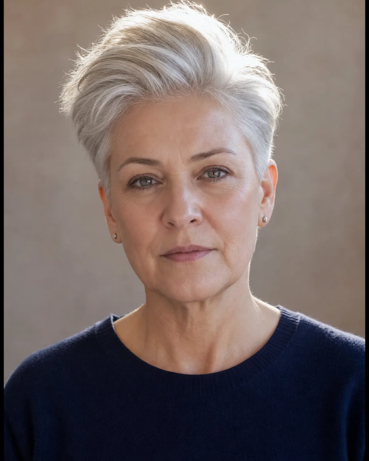 A front-facing woman in a navy knit with a white-silver long pixie cut, the top section swept up and standing away from the scalp while the sides are cropped close over her ears