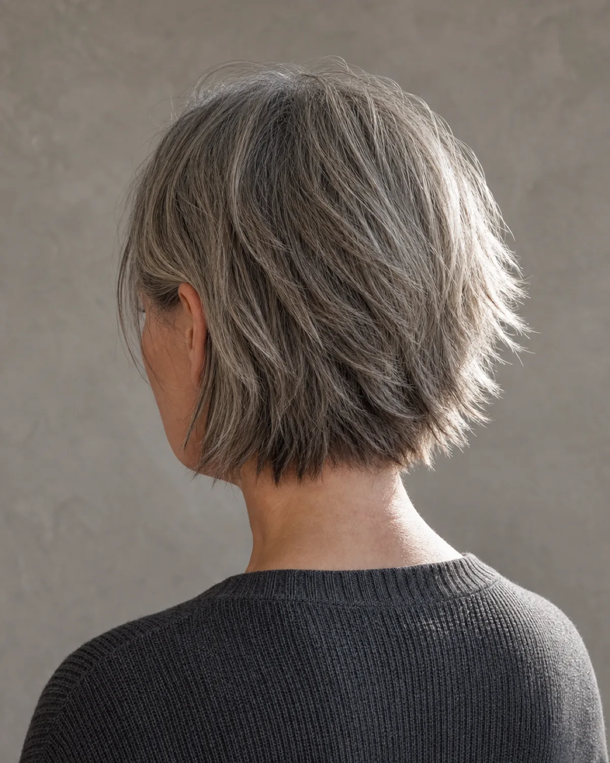 A back three-quarter view of a woman with fine warm-grey hair in a jaw-length shag, choppy layers finishing at different lengths with right-side rim light catching the disconnected ends