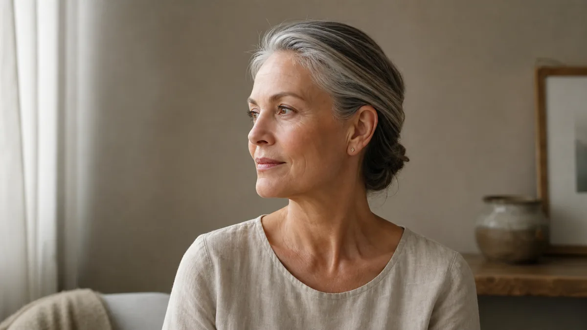 A woman with warm silver-streaked hair pulled back into a low twist, turned three-quarter to the left in soft daylight against a taupe wall, her full face outline clearly visible