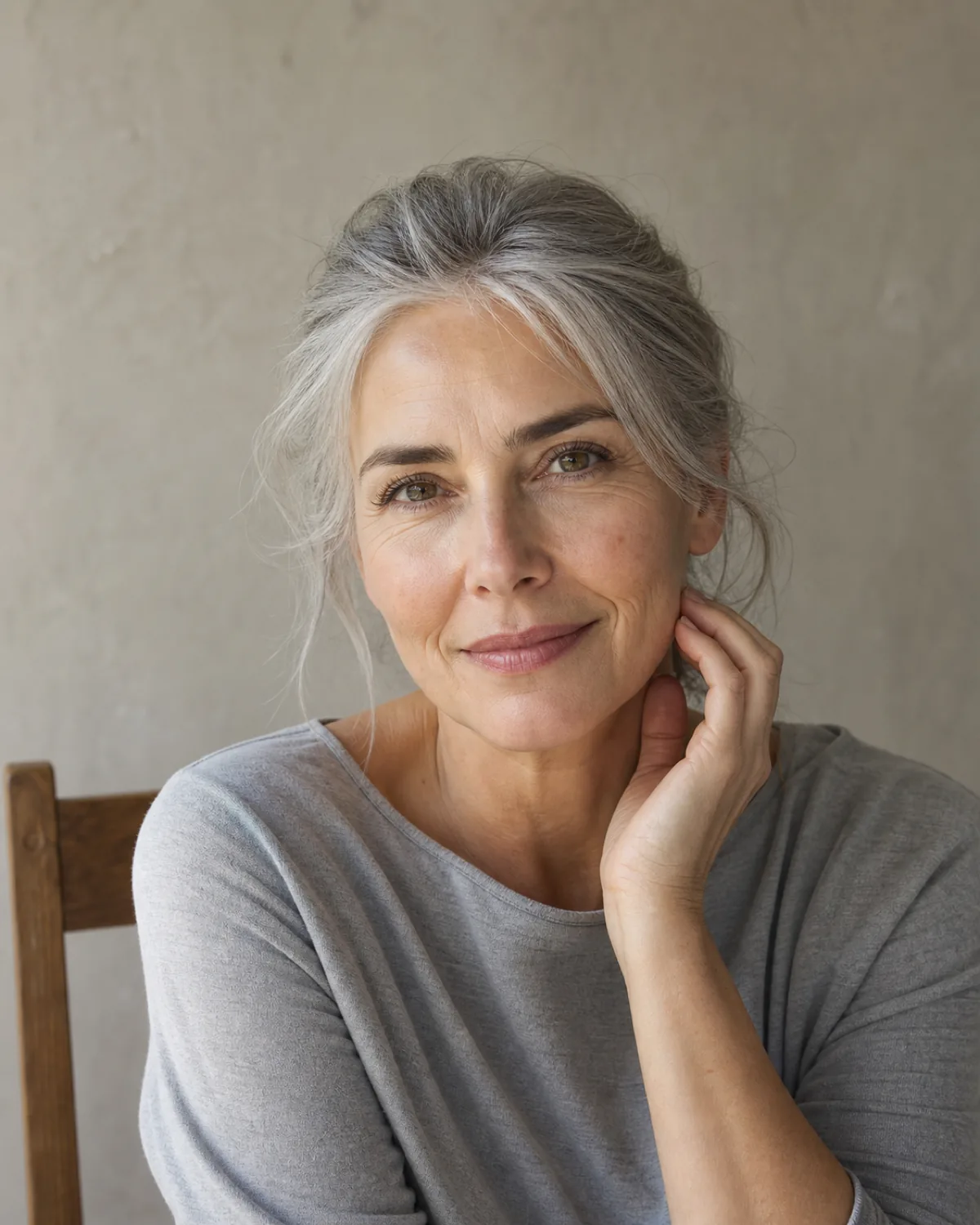 A woman with warm grey hair pulled back, seated with her right hand lightly touching her jawline in a natural self-measuring gesture, soft grey wall behind her