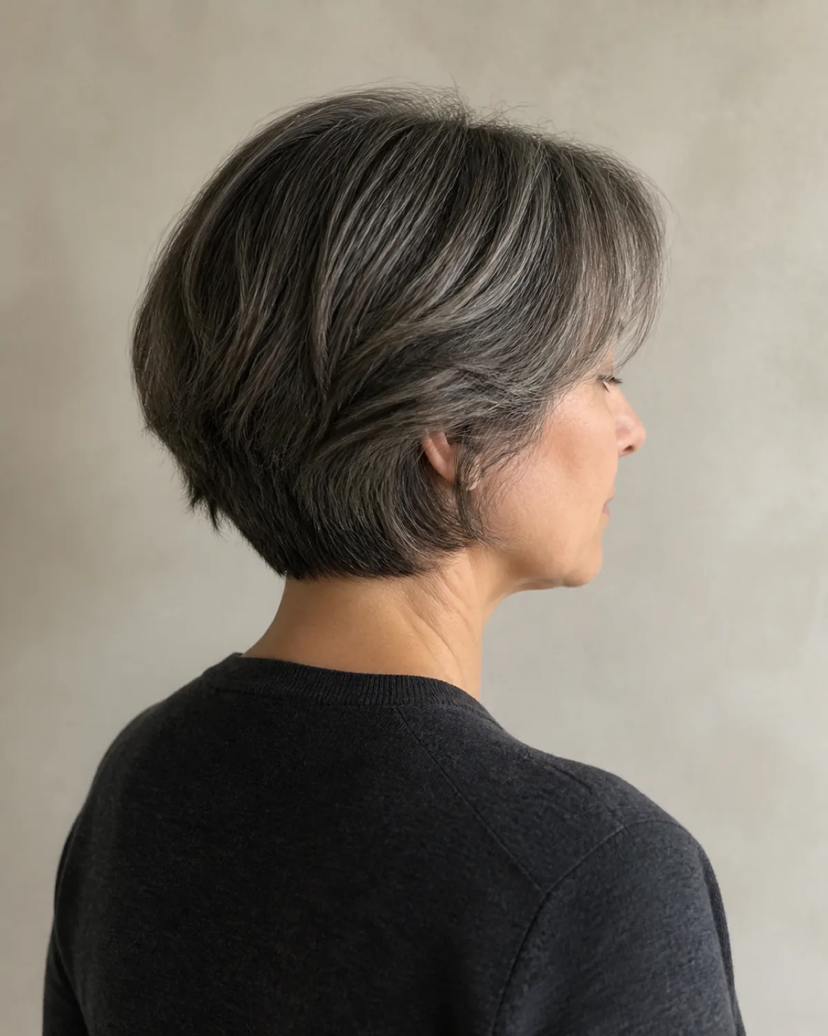 A woman shot from the back-three-quarter angle, her dark-grey and silver layered short bob visible from behind, nape clean, against an oatmeal wall in a charcoal crew neck