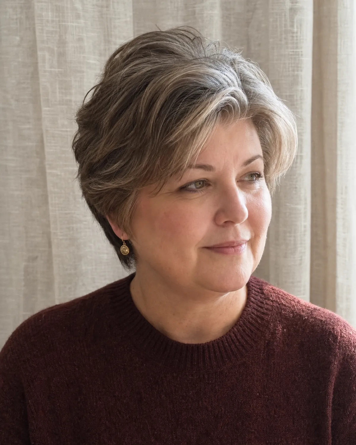 A woman with a round face turned three-quarter to the right, her grey-brown layered hair adding volume at the crown, wearing a burgundy crewneck against an oatmeal linen curtain