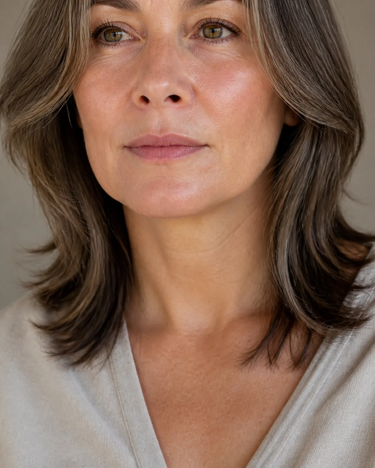 Close crop of a woman's face from brow to mid-neck showing a defined jawline with soft layers of ash-brown hair with grey threads falling past the jaw