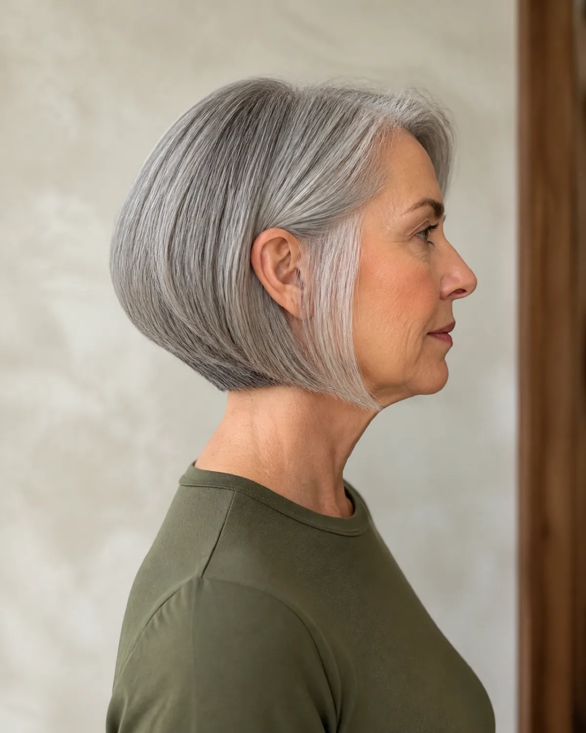 A woman in her early 60s with thick silver-grey hair in a classic chin-length inverted bob shown in full side profile, the shorter stacked nape graduating smoothly to a clean line at the chin