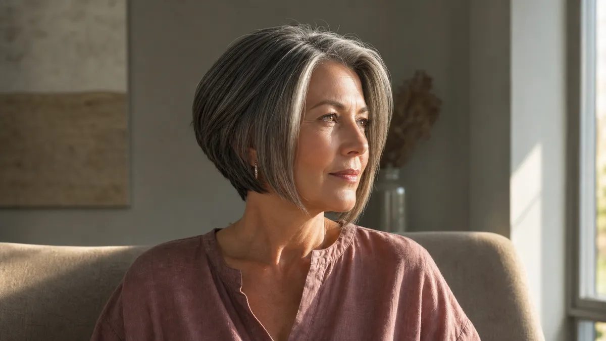 A woman in her late 50s with silver-streaked dark hair in an inverted bob turned three-quarters to the left, the stacked nape and longer chin-length front pieces visible in warm golden-hour light