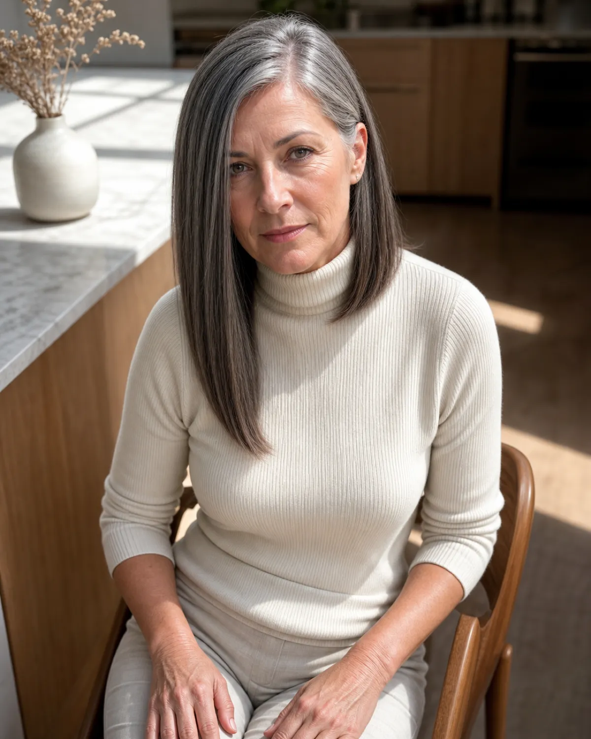 A woman in her late 50s with straight dark-grey hair in a long inverted bob seated on a wooden chair, the longer front pieces reaching past the collarbone while the back sits at shoulder level