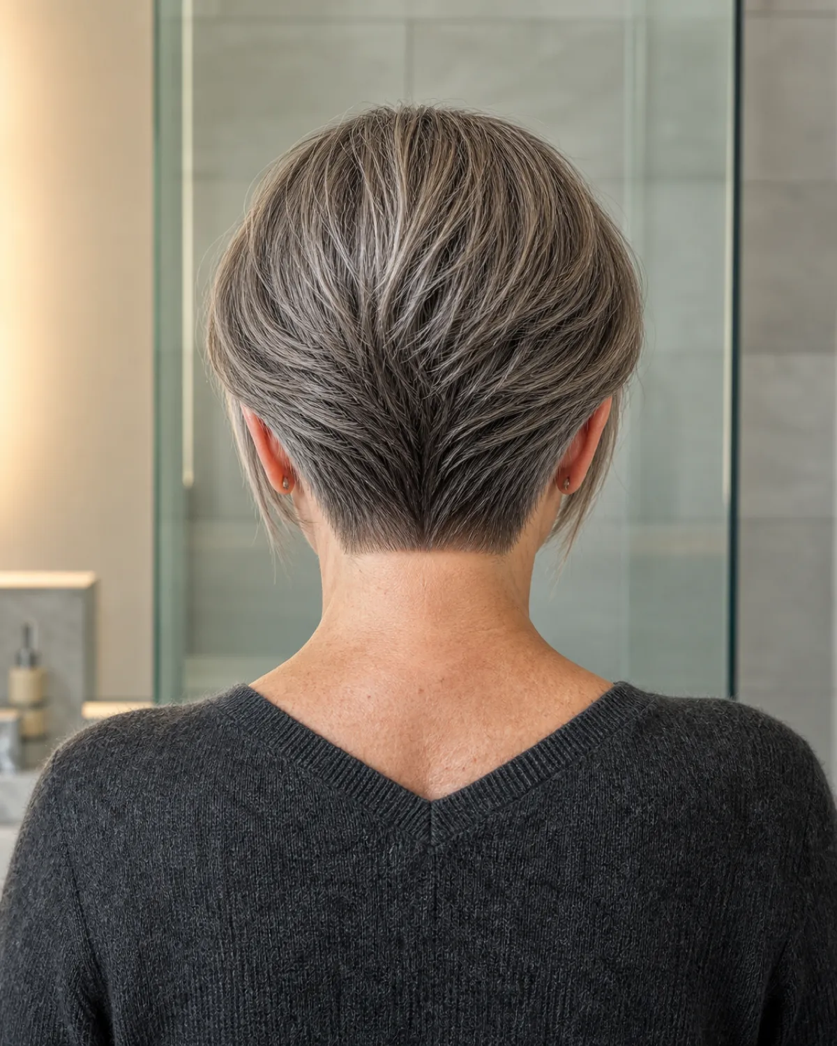 Back view of a woman in her late 50s with coarse salt-and-pepper grey hair in a short inverted bob, the tightly stacked nape graduation creating a precise rounded shape at the back of the head