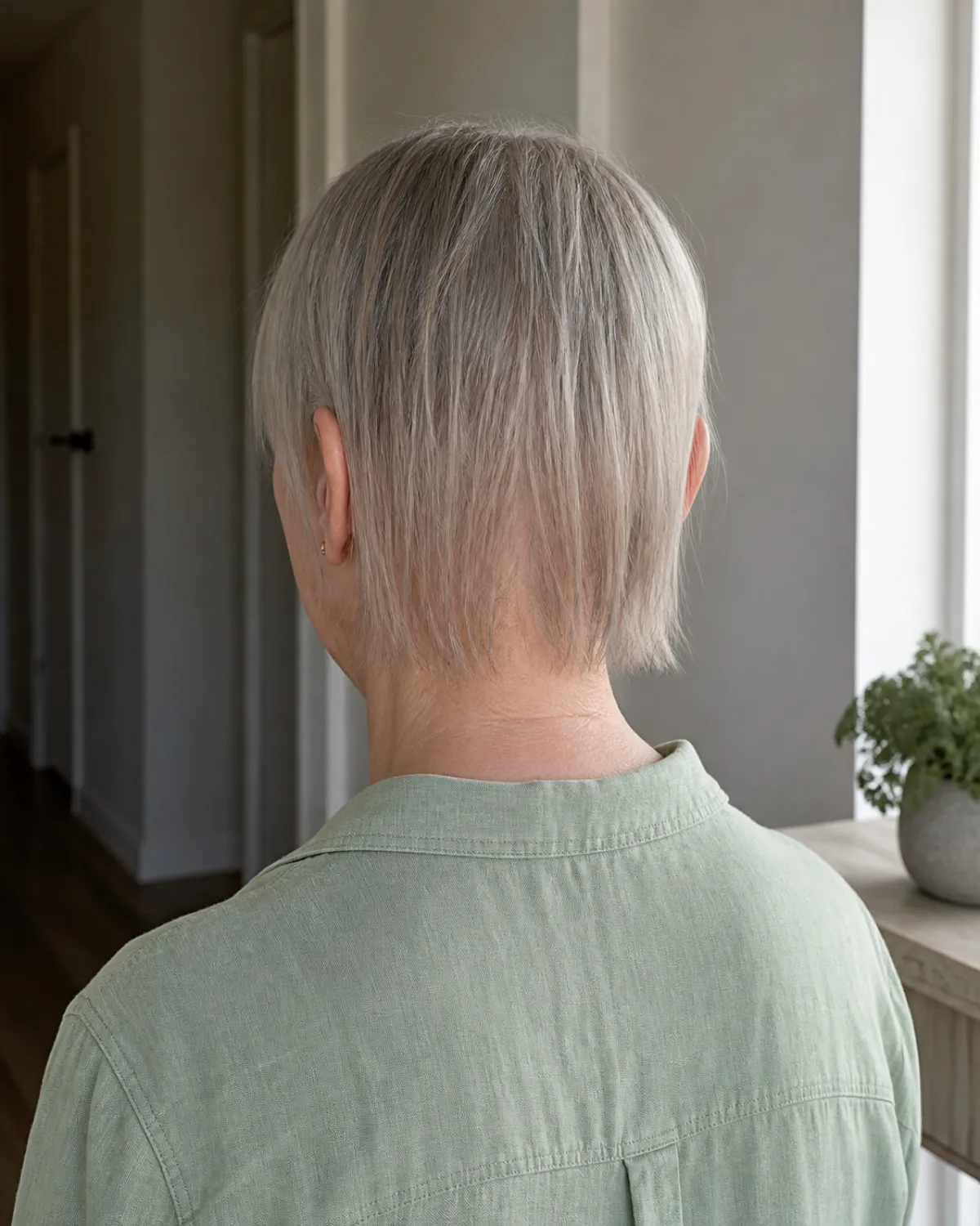Back-three-quarter view of a woman in her early 60s with fine thin grey hair at chin length, the sparse nape strands showing scalp through the hair where a stacked graduation would expose rather than build volume