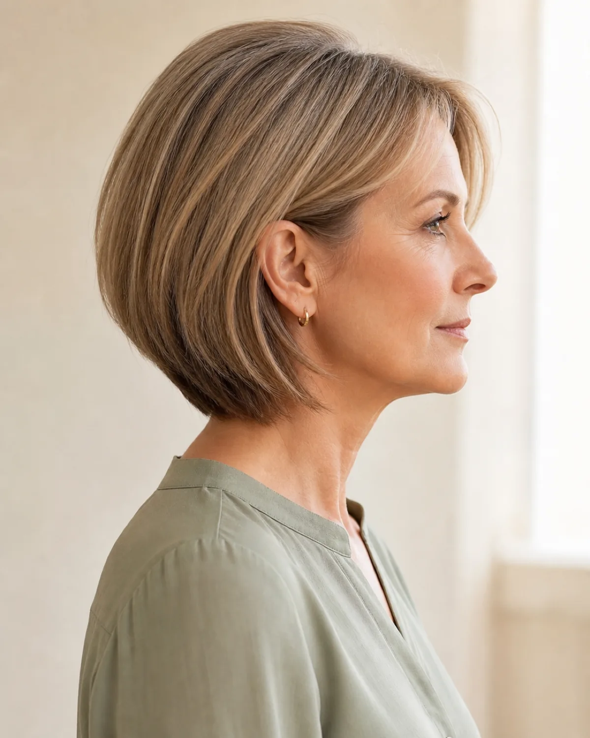 A woman in her late 50s with fine dark-blonde hair in a chin-length layered bob shown in full side profile, the clean perimeter line at the jawline visible with subtle internal graduated lengths adding movement beneath the surface