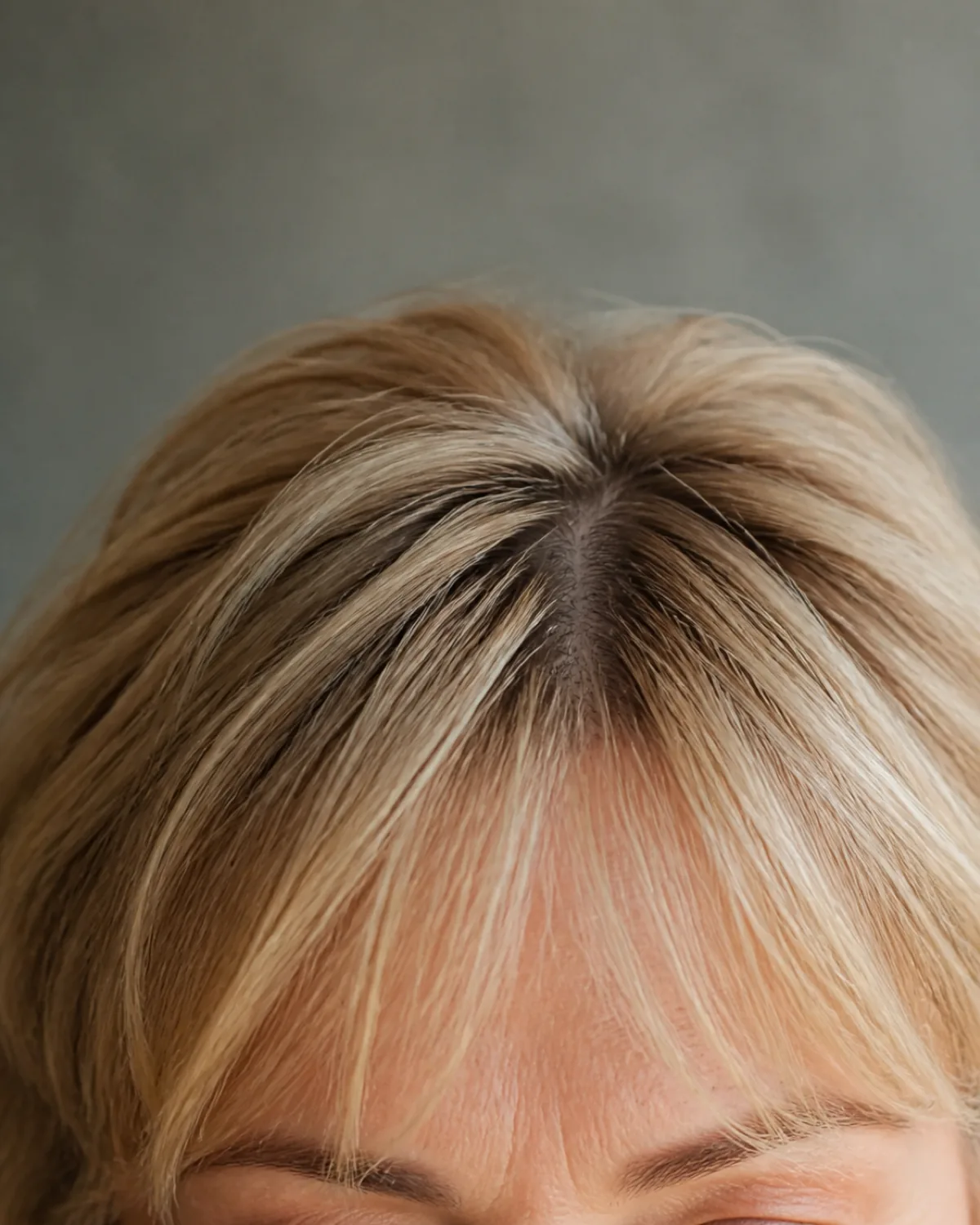 Close crop on the fringe and brow line of a woman with fine warm-blonde hair, the curtain fringe parting at the center of the forehead with wispy strands falling to both sides