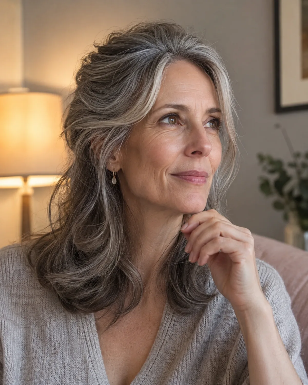 Three-quarter view from slightly below of a mature woman with silver-streaked hair in a half-up style, the pulled-back top section leaving the sides full and voluminous at temple height