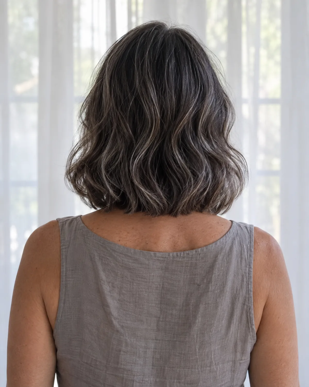 Back view of a mature woman with dark grey-streaked hair in a collarbone-length lob with soft waves, showing the width the waves create at the sides