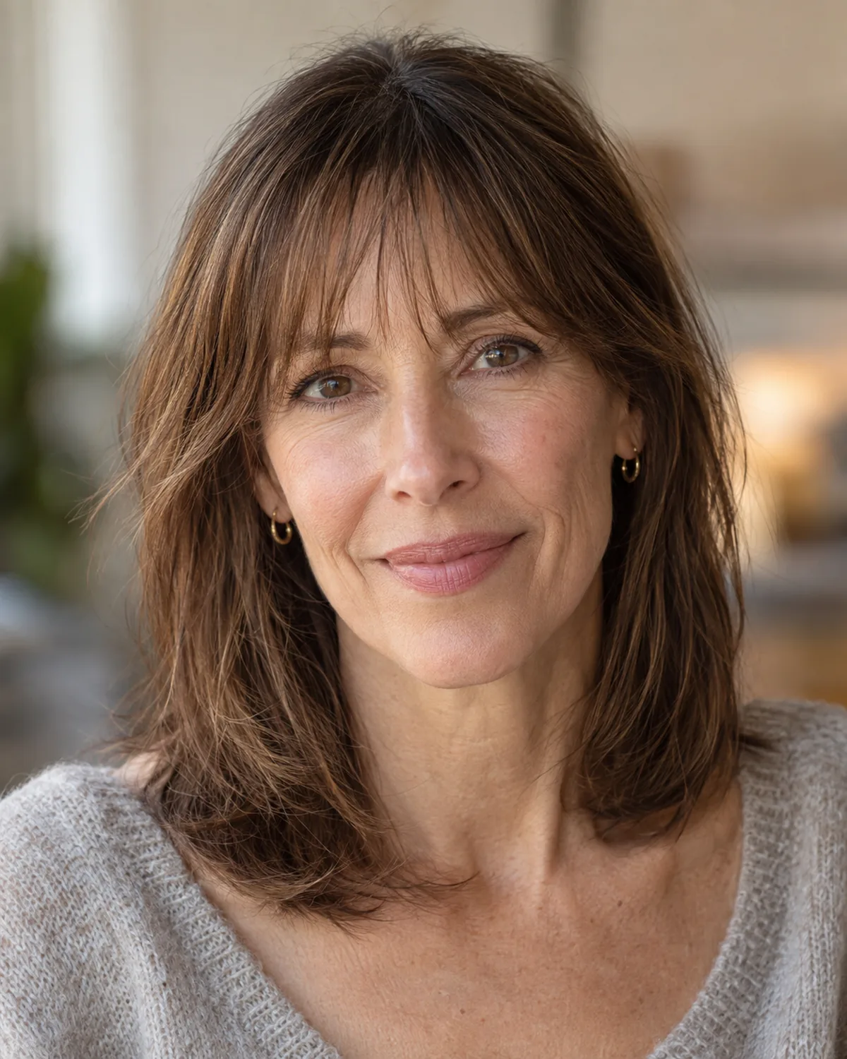 Front view of a mature woman with warm brown hair and wispy see-through bangs paired with a collarbone-length cut, the feathered fringe partially covering the forehead