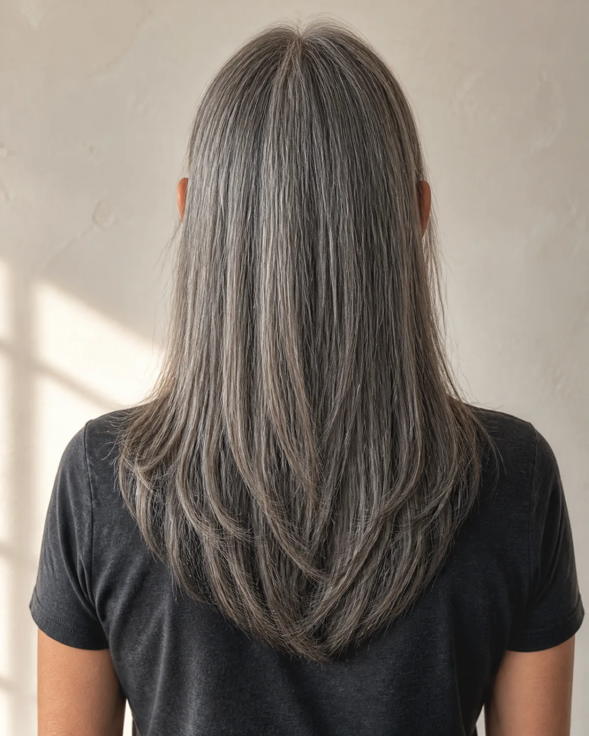 Shot from behind showing a woman with salt-and-pepper grey hair in long layers, the graduation from shorter interior strands to longer perimeter strands clearly visible in a V-shape, wearing a charcoal tee against an off-white plaster wall