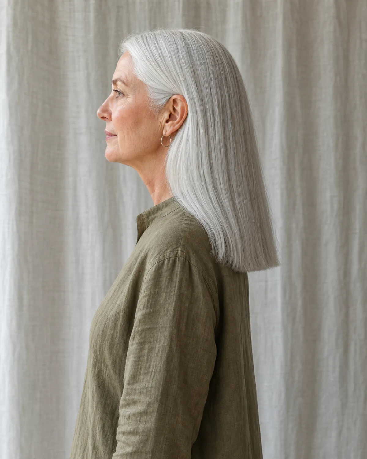 Full profile of a woman in her early 60s with thick uniform silver-white hair in a one-length cut sitting at the shoulders, wearing an olive linen shirt against a pale grey curtain