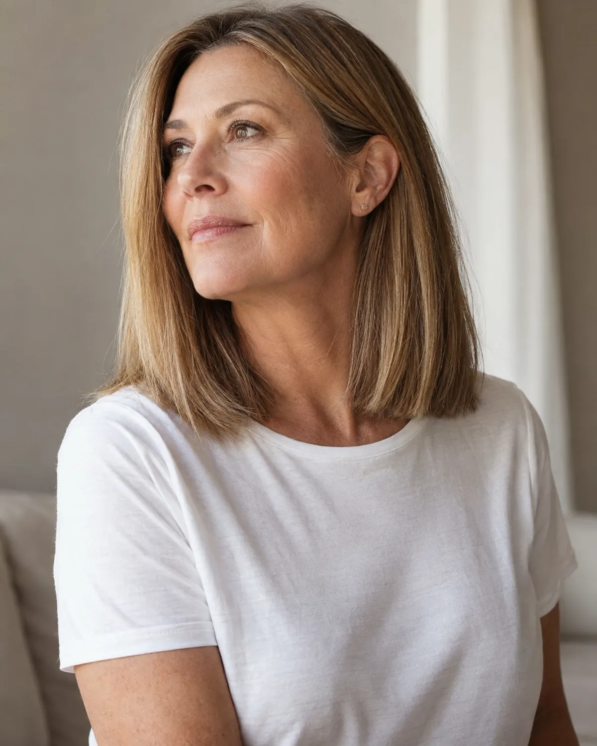 Mature woman in three-quarter view with a warm dark-blonde blunt cut ending at the base of the collarbone, white T-shirt