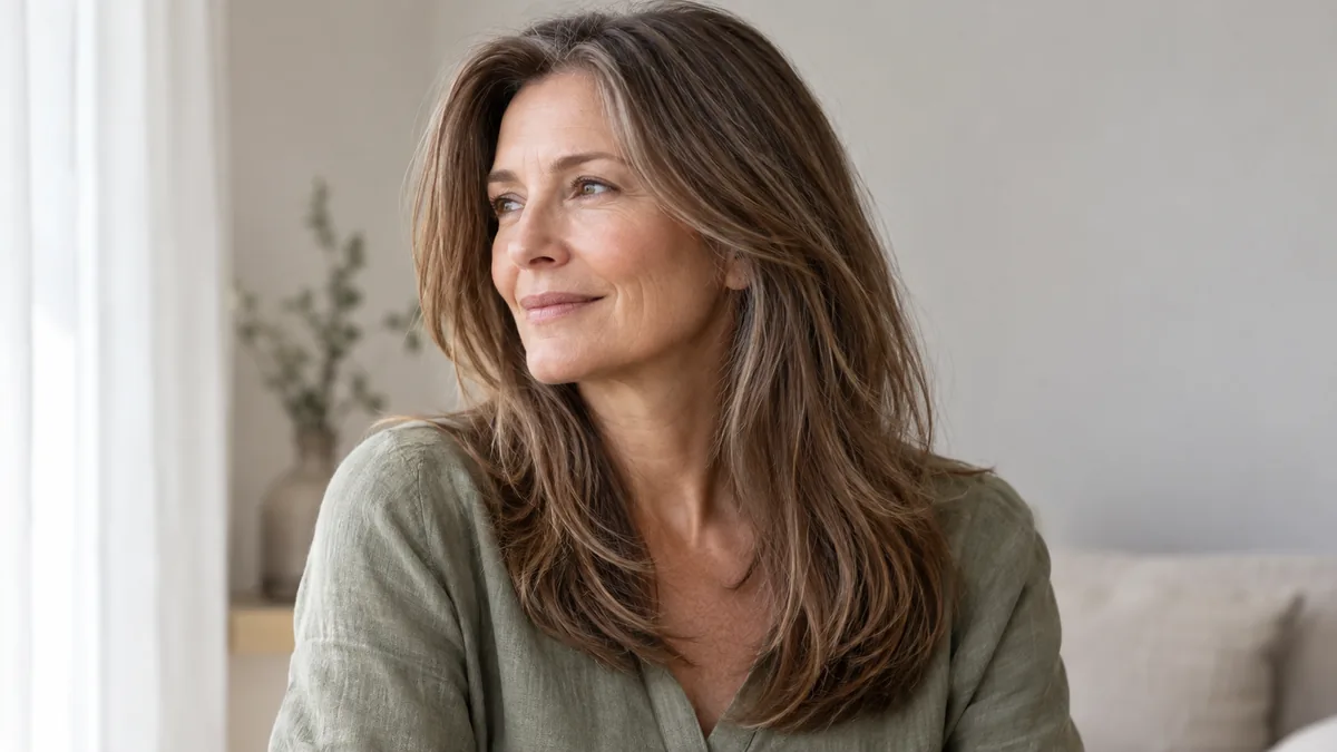 Mature woman with long layered hair in light brown with grey threads, three-quarter turn in sage linen top, soft window light