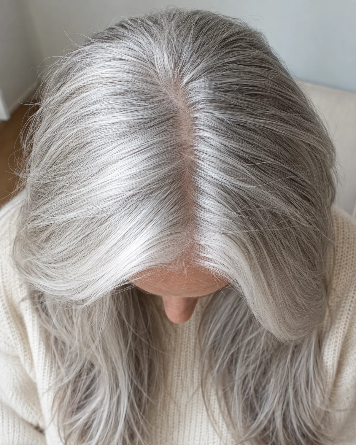Top-down macro of long silver-white hair showing individual grey and white strands at the roots and through the mid-lengths, single part line