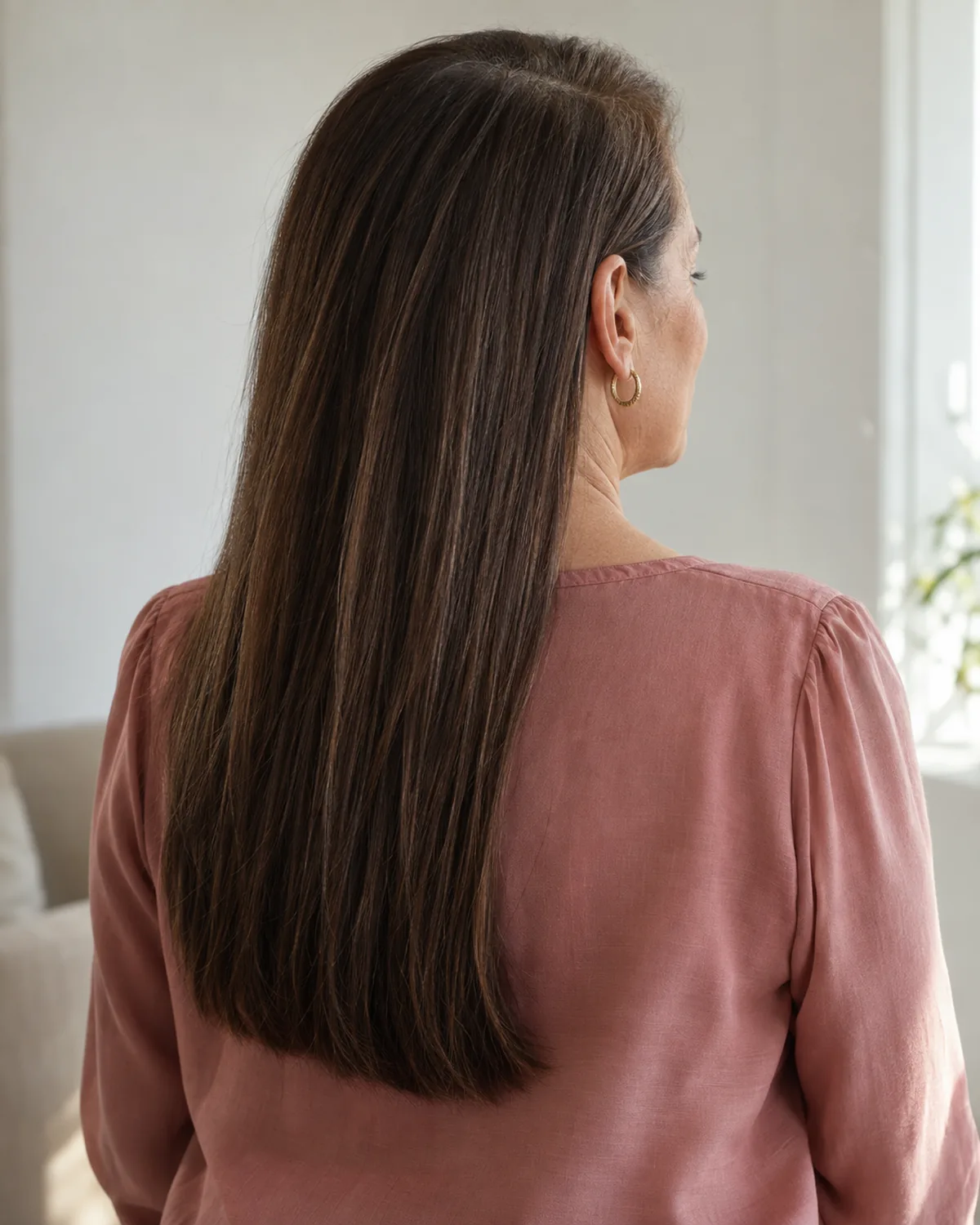 Mature woman from back-three-quarter view with long one-length dark brown hair, deep side part, dusty-rose blouse