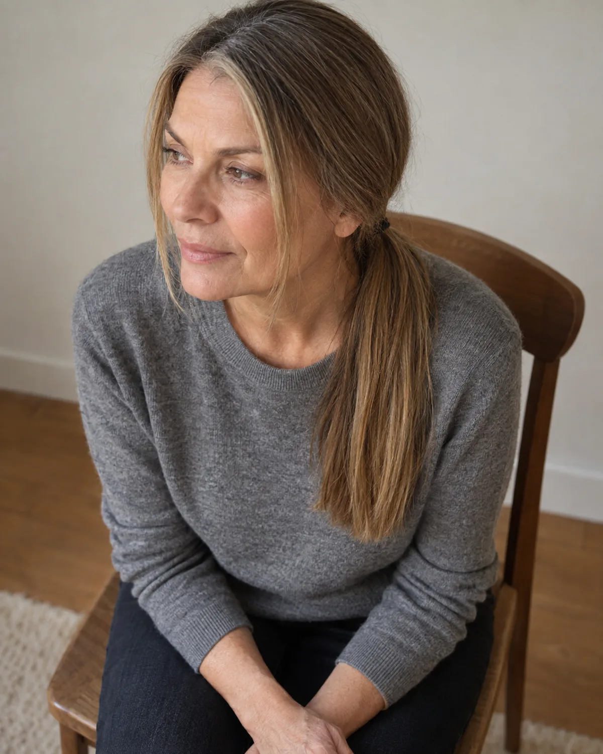 Mature woman seated, shot from slightly above, long dark-blonde hair in a low ponytail showing clean blunt ends, grey merino crewneck