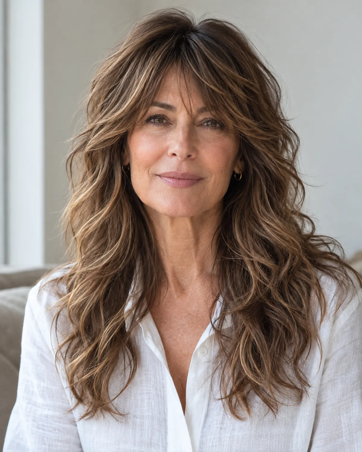 Mature woman front-facing with long wavy shag haircut, heavy layering through the crown, merged fringe, white linen shirt