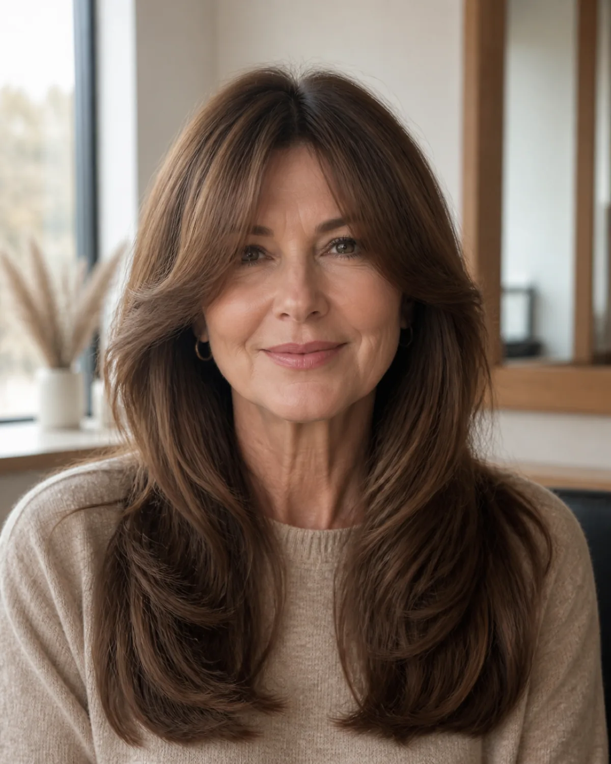 Front-facing view of a mature woman with thick warm-brown hair and heavy curtain bangs parting naturally at the center, sweeping to the cheekbones, the rest falling past the shoulders
