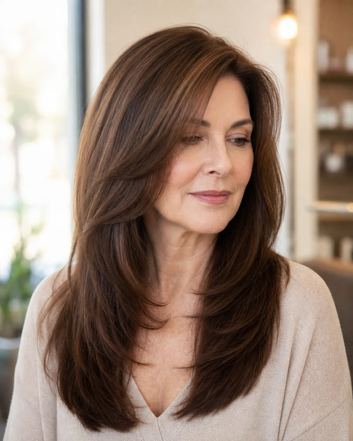 Three-quarter view of a mature woman with thick chestnut hair, face-framing layers beginning at the jawline and sweeping inward, the rest falling long past the collarbone