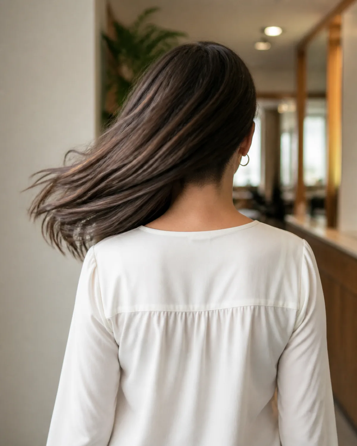 Back view of a woman walking with thick dark hair in motion, revealing a shaved undercut section at the nape hidden under the long top layer