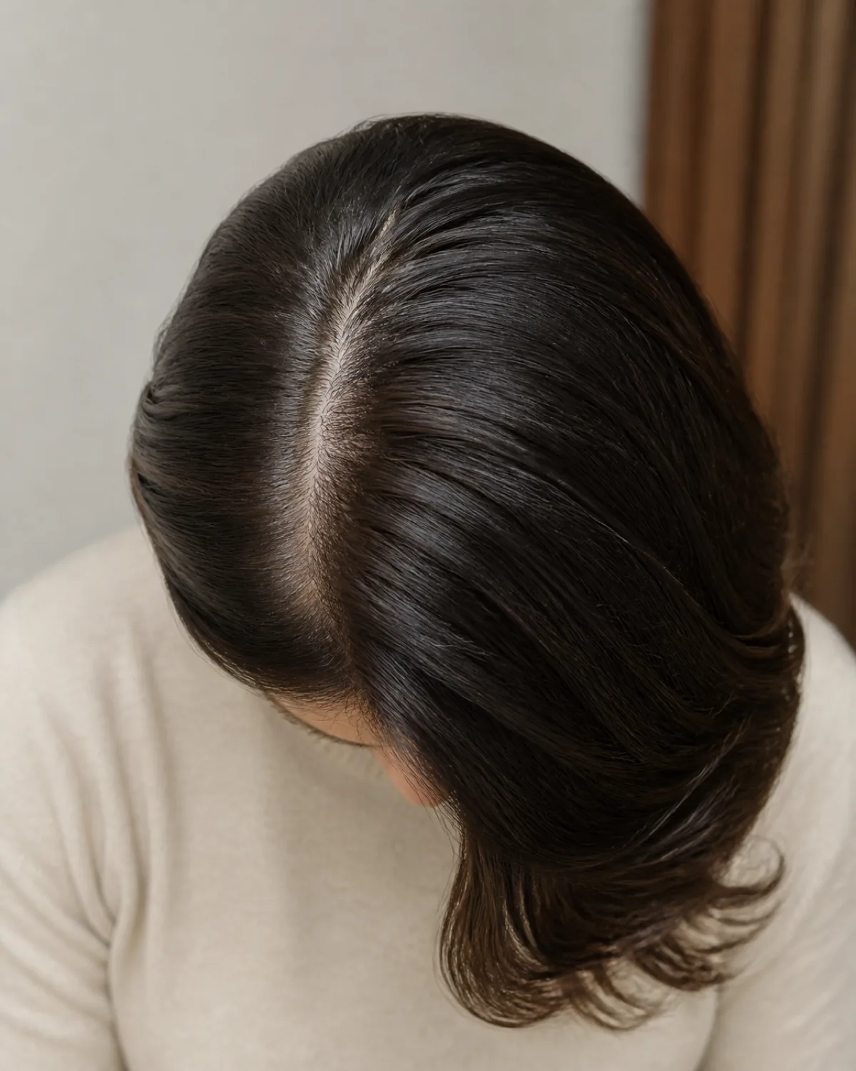 Top-down macro view of a woman's thick dark hair with a visible deep side part, the heavier section falling to one side with more volume, creating clear asymmetry