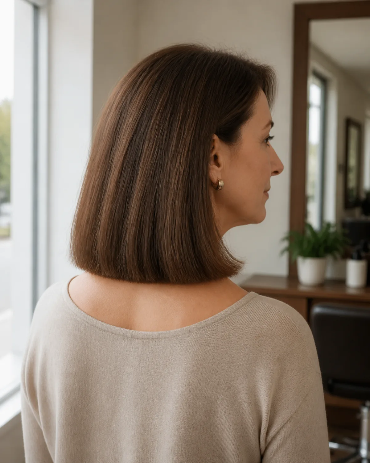 Back-three-quarter view of a mature woman with thick dark-brown hair in a one-length blunt cut at the collarbone, the perimeter perfectly straight and horizontal with no visible layers