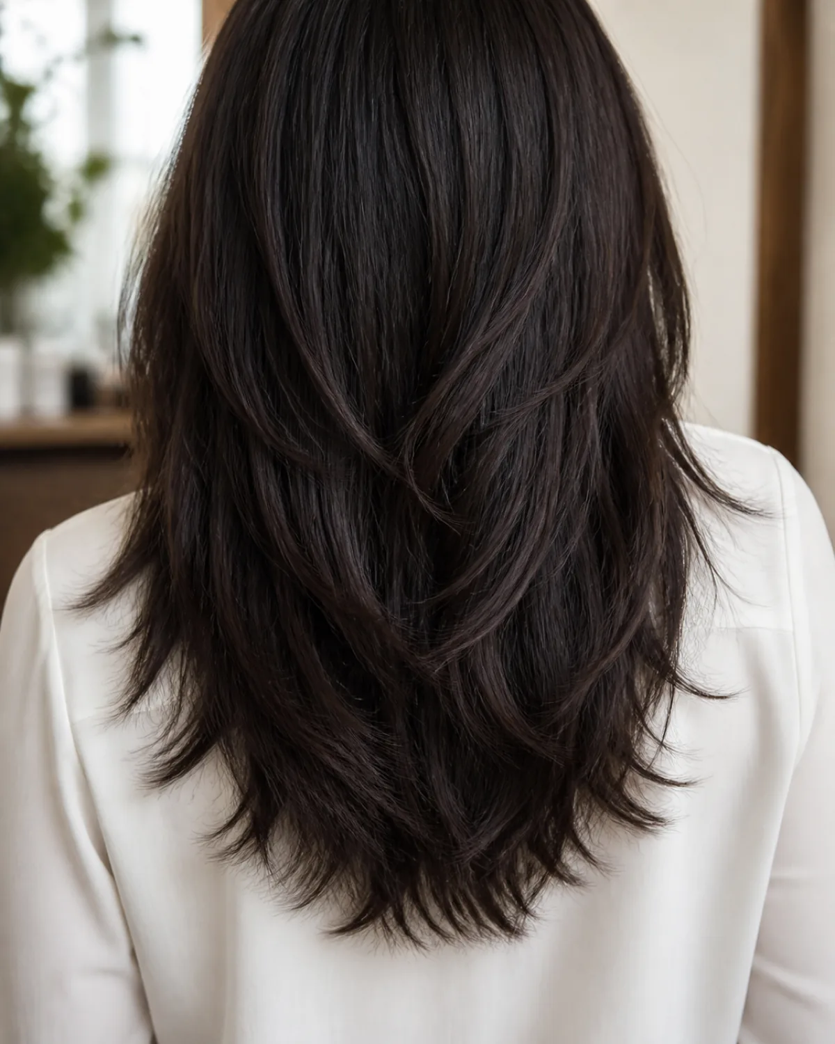 Back view of a woman with thick dark hair showing razor-cut layers with visibly textured and piecy ends that create natural movement and swing