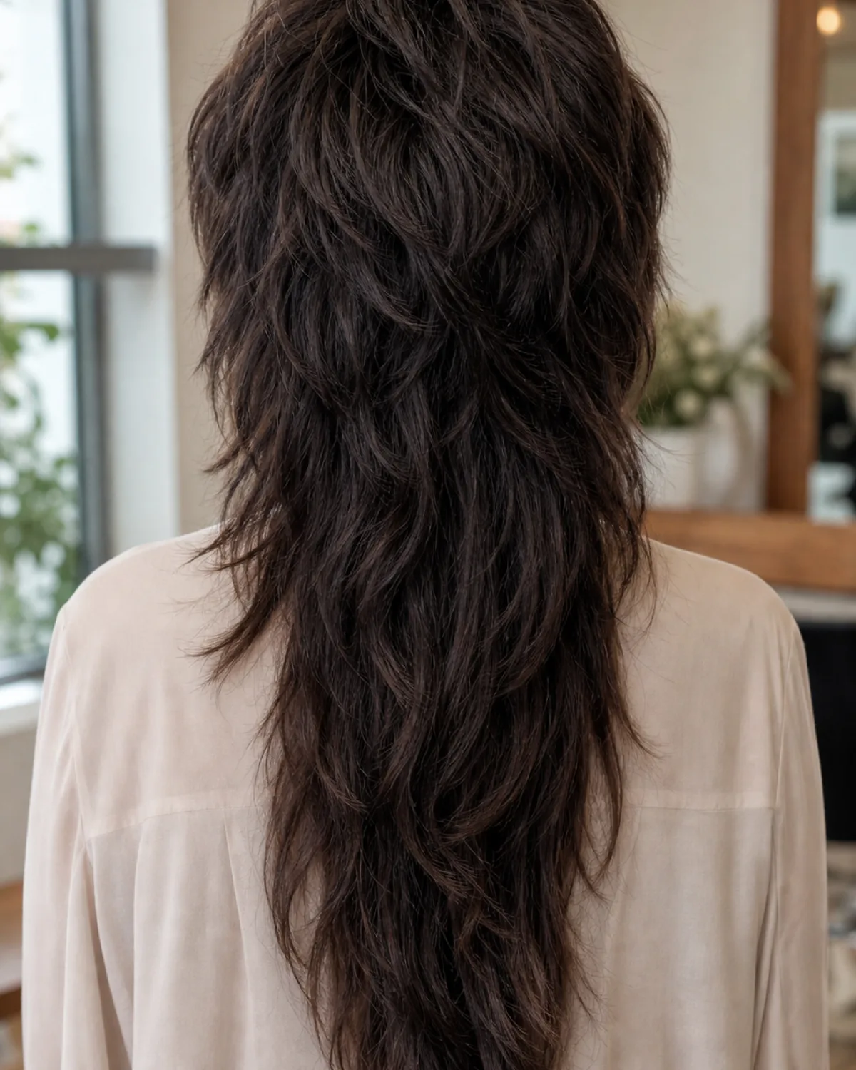 Back view from above showing a woman with thick dark hair in a long shag, short choppy crown layers with visible volume transitioning to much longer back pieces