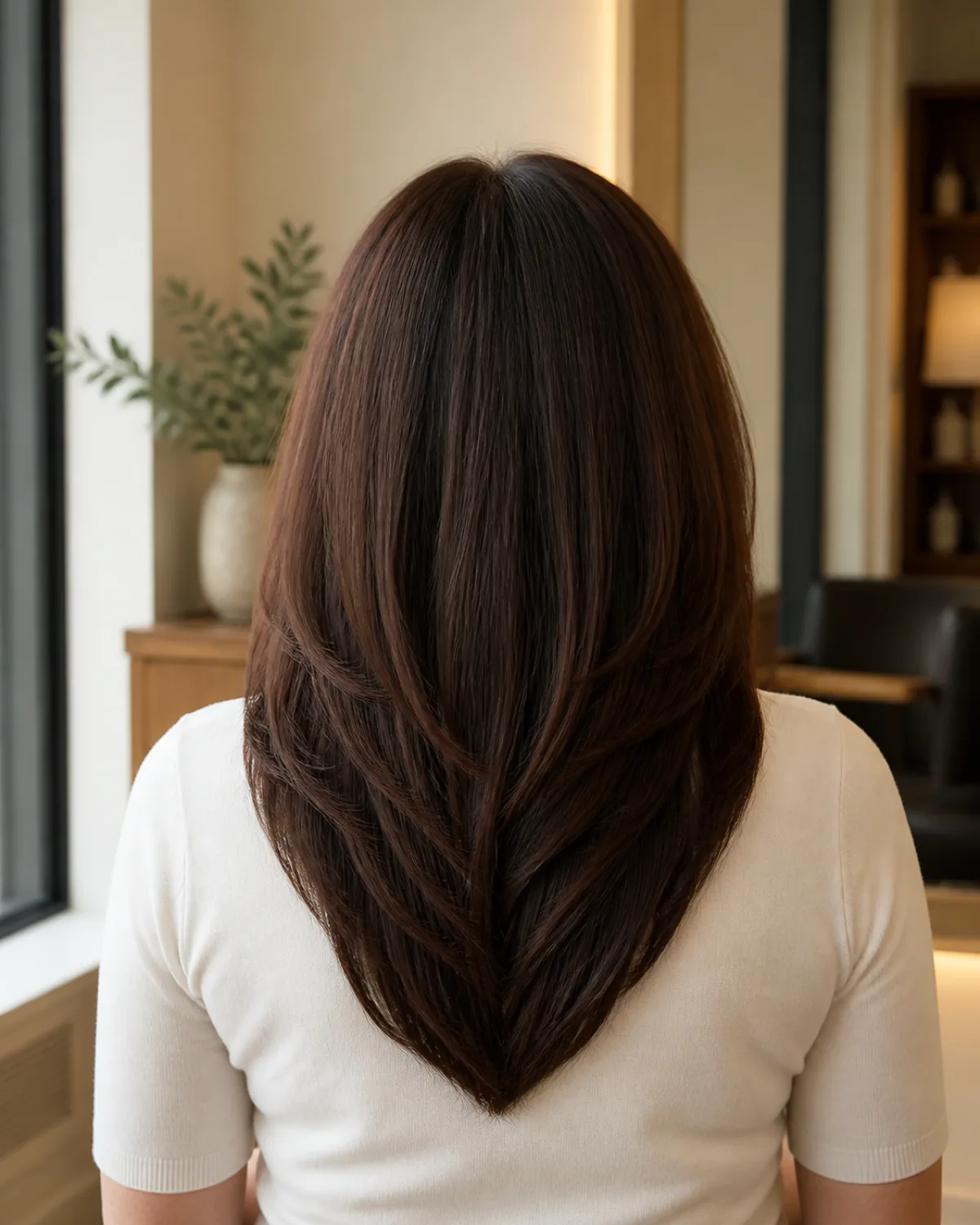 Back view of a woman with thick dark brunette hair reaching mid-back, styled in a V-cut with a clean tapered perimeter and internal layering for movement