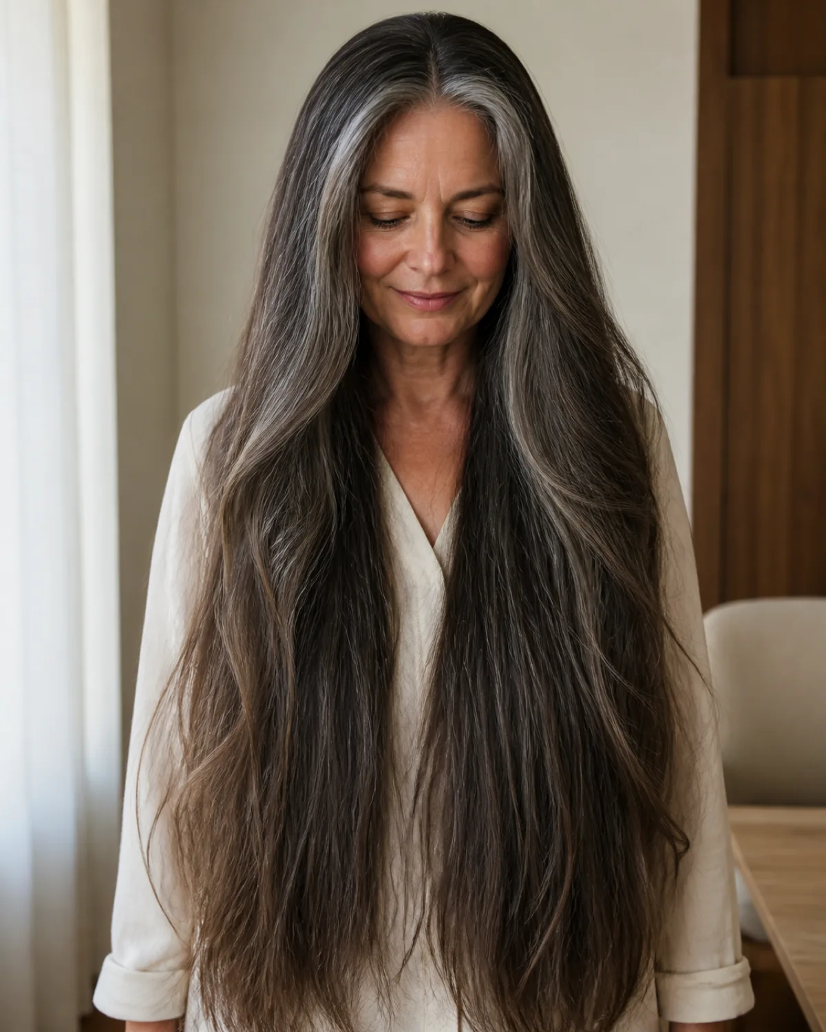 Front-facing view of a mature woman with eyes downcast, thick silver-streaked dark hair at waist length with point-cut ends softening the perimeter while preserving the full mass