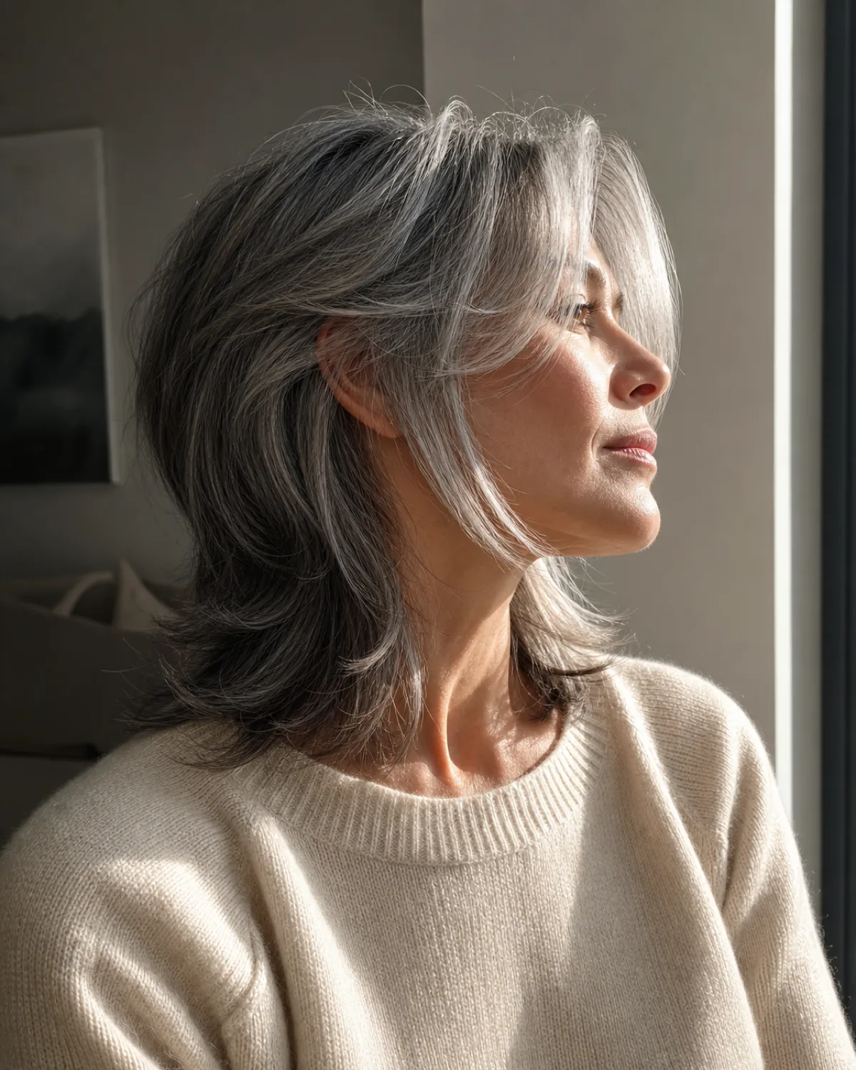 A mature woman with fine dark-silver hair in a collar-length shag with face-framing pieces, viewed in profile with chin lifted slightly near a large window, strong directional afternoon rim-light catching the shorter face-framing layers falling separately from the longer back