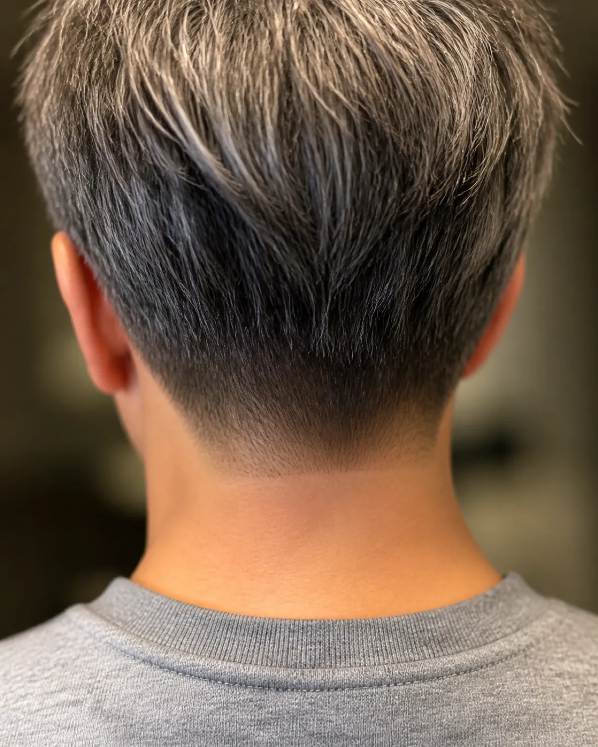Close crop on the nape and hairline of a mature woman with fine salt-and-pepper hair in a cropped pixie, the taper at the sides close to the head with visible extra length on top, warm overhead light picking out strand texture