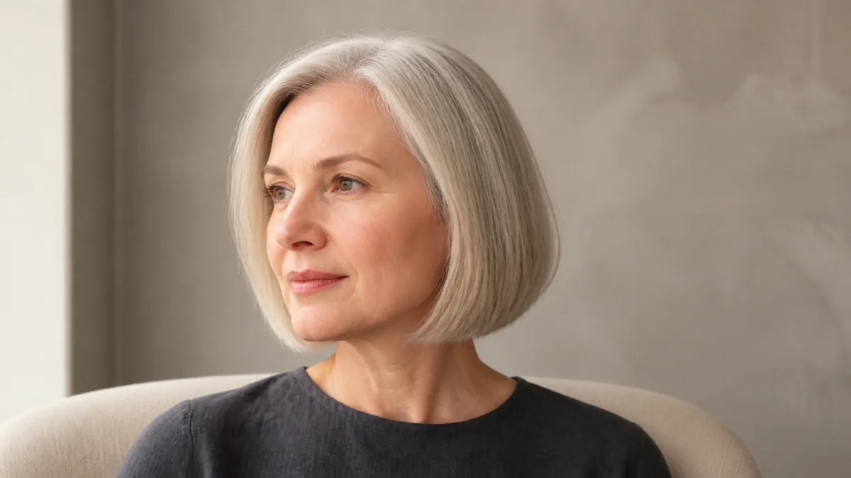 A mature woman with fine silver-blonde hair in a clean chin-length bob, viewed from a three-quarter angle with soft morning light catching individual strands at the jawline