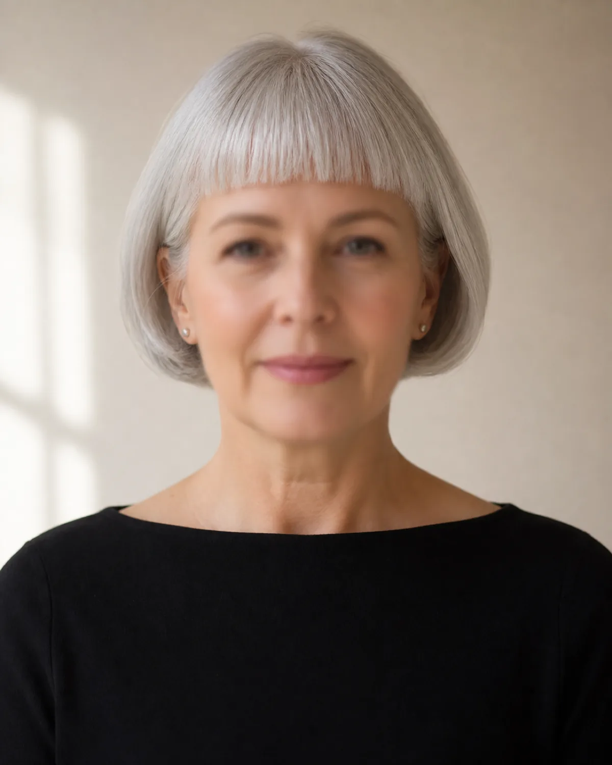 A mature woman with fine silver-white hair in a French bob at ear length with a straight micro-fringe cut well above the eyebrows, viewed front-facing with soft focus on features and hair in sharp focus against a warm cream wall