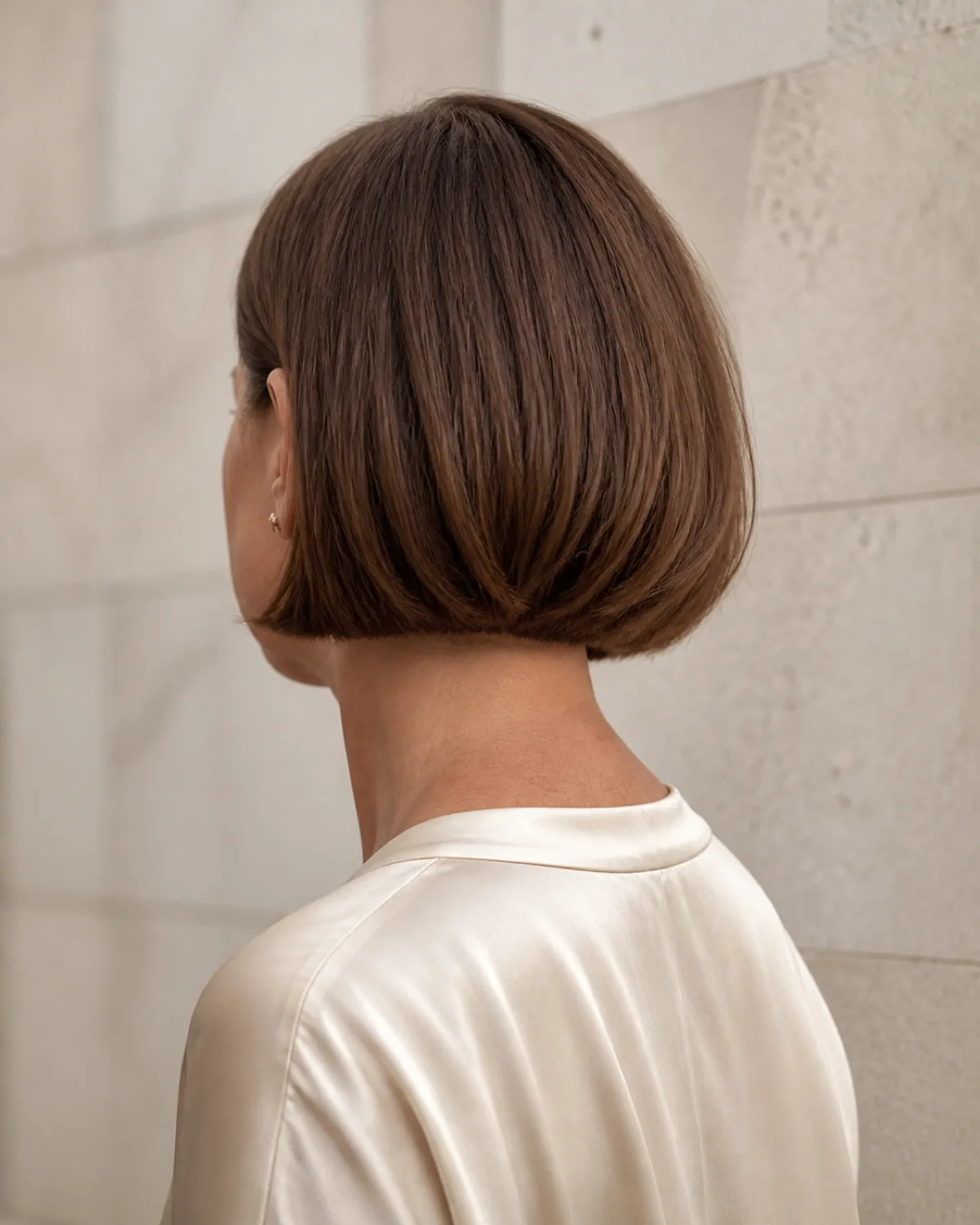 A mature woman with fine warm-brown hair in a one-length bob at jaw level with bevelled ends, viewed from the back three-quarter with head tilted slightly away showing the nape and the angled inward perimeter against a pale stone wall