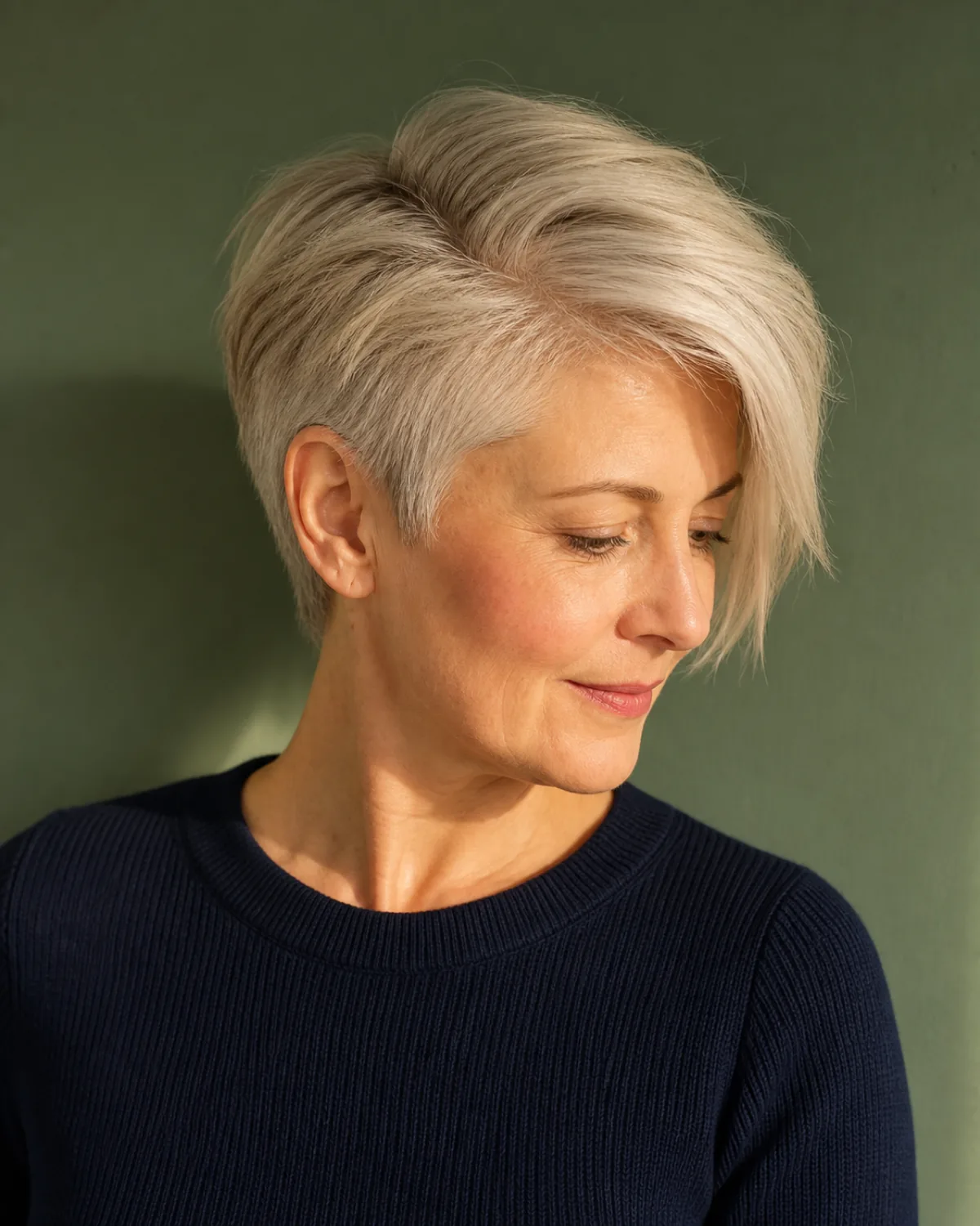 A mature woman with fine platinum-grey hair in a side-swept pixie with a deep side parting, viewed from a three-quarter angle against a sage-green wall with golden late-afternoon light highlighting the volume displaced to one side