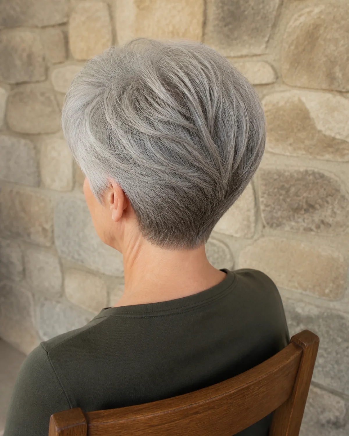 A mature woman with fine warm-grey hair in a soft wedge cut viewed from behind while seated, the crown carrying visible volume that tapers to a close-fitting nape against a warm stone wall in soft overhead natural light