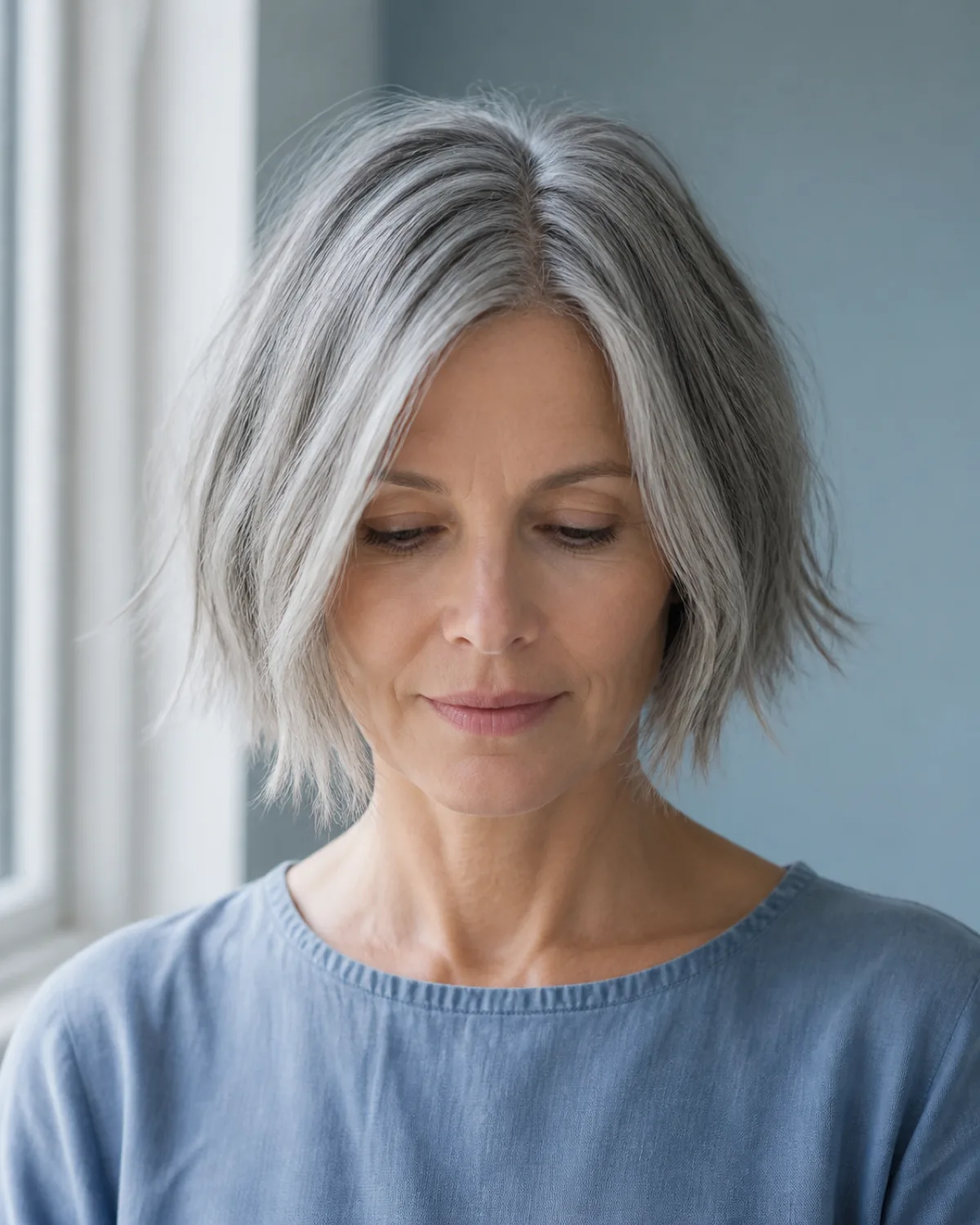 A mature woman with fine ash-grey hair in a wispy bob with piece-y textured ends and no bangs, viewed front-facing with eyes downcast against a pale blue-grey wall, soft natural window light from the left catching the separated end pieces