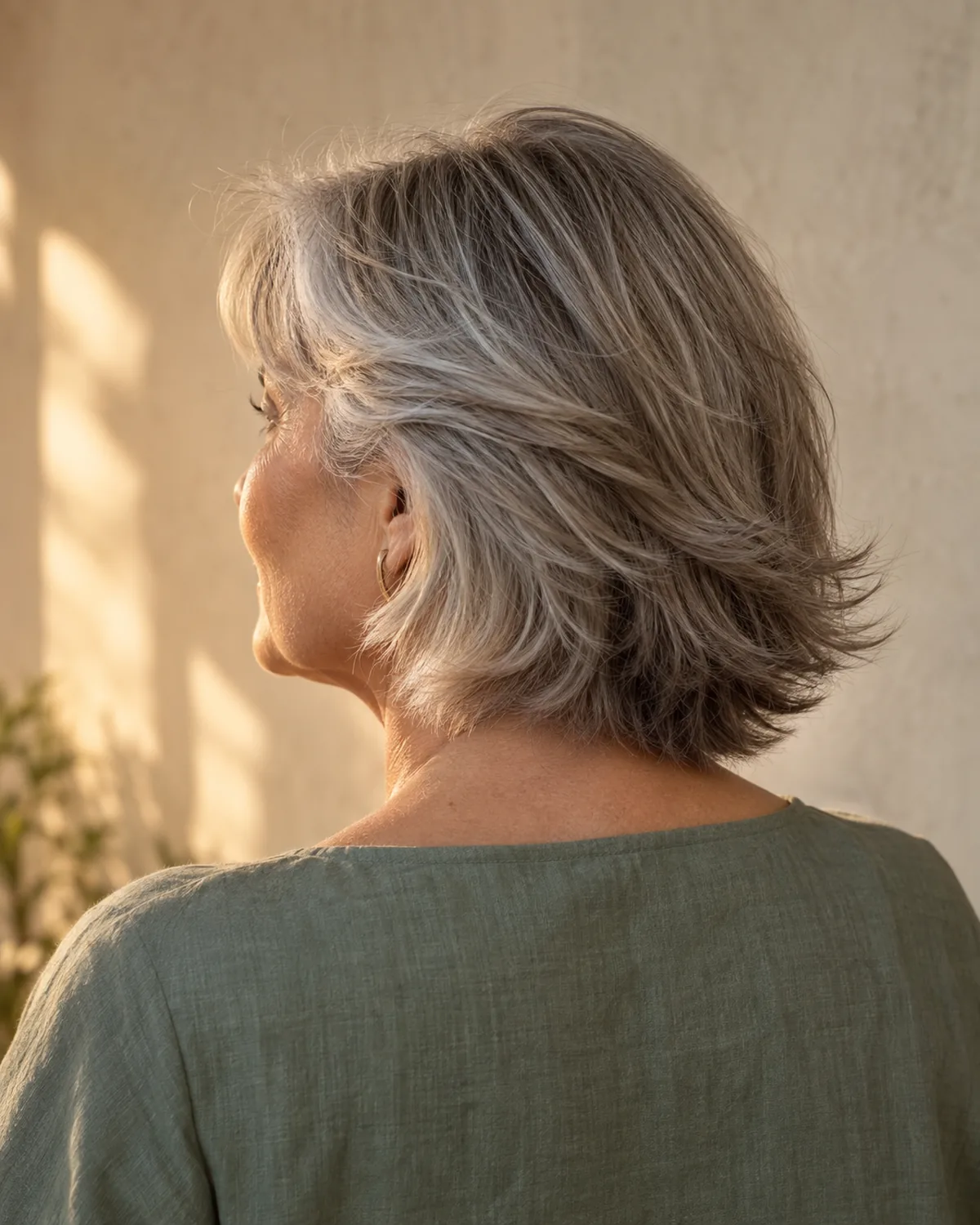 Mature woman in back-three-quarter view with head tilted away, gray feathered layers fanning from the jawline in warm late-afternoon light, sage-green linen top